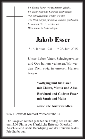 Anzeige von Jakob Esser von  Werbepost 