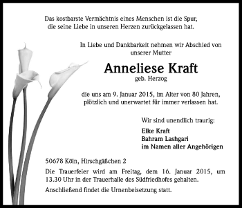 Anzeige von Anneliese Kraft von Kölner Stadt-Anzeiger / Kölnische Rundschau / Express
