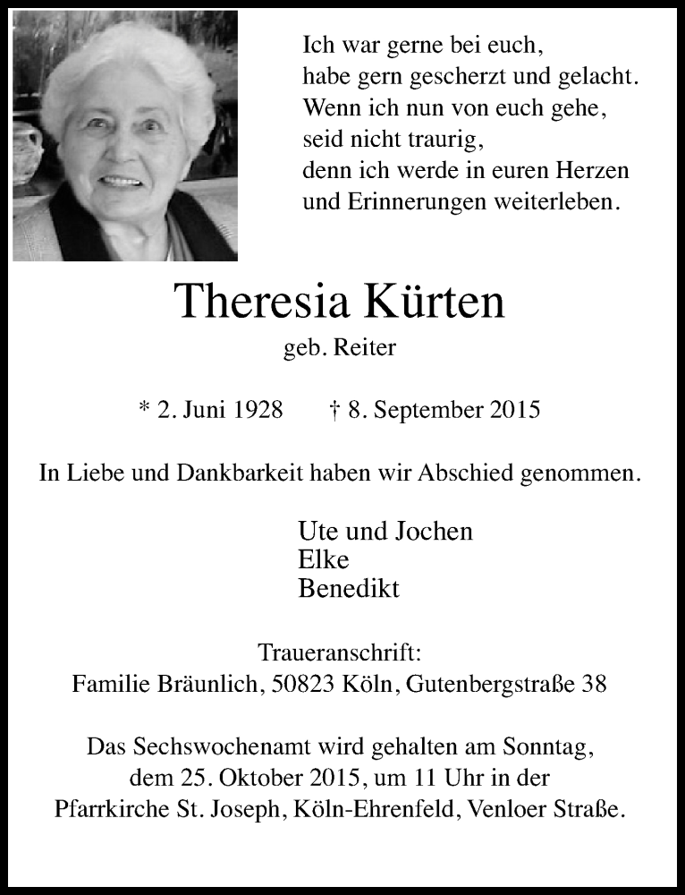  Traueranzeige für Theresia Kürten vom 21.10.2015 aus  Kölner Wochenspiegel 