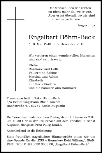 Anzeige von Engelbert Böhm-Beck von Köln - Wir Trauern
