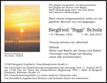 Anzeige von Siegfried Scholz von Kölner Stadt-Anzeiger / Kölnische Rundschau / Express