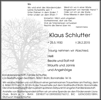 Anzeige von Klaus Schlutter von Kölner Stadt-Anzeiger / Kölnische Rundschau / Express