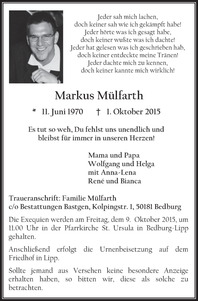  Traueranzeige für Markus Mülfarth vom 07.10.2015 aus  Werbepost 