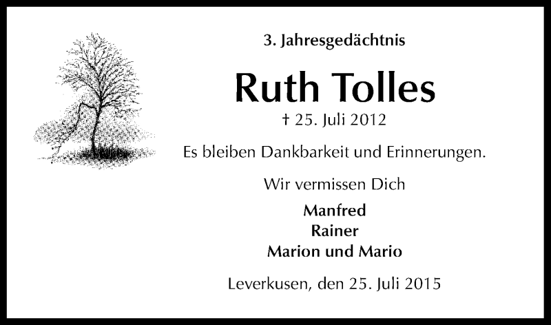  Traueranzeige für Ruth Tolles vom 25.07.2015 aus Kölner Stadt-Anzeiger / Kölnische Rundschau / Express
