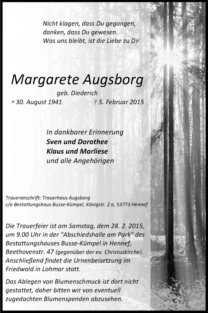  Traueranzeige für Margarete Augsborg vom 14.02.2015 aus Kölner Stadt-Anzeiger / Kölnische Rundschau / Express