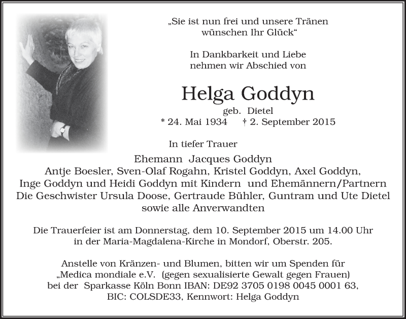  Traueranzeige für Helga Goddyn vom 09.09.2015 aus  Extra Blatt 