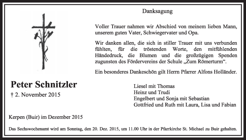  Traueranzeige für Peter Schnitzler vom 12.12.2015 aus  Sonntags-Post 