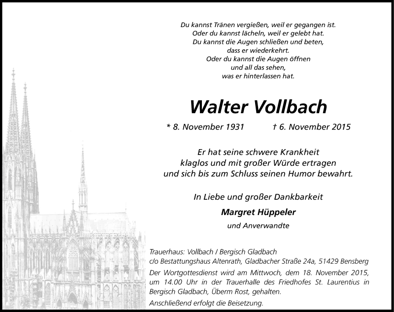  Traueranzeige für Walter Vollbach vom 13.11.2015 aus Kölner Stadt-Anzeiger / Kölnische Rundschau / Express