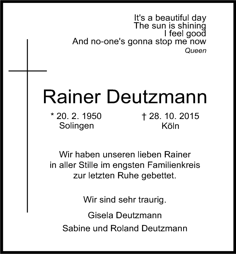  Traueranzeige für Rainer Deutzmann vom 07.11.2015 aus Kölner Stadt-Anzeiger / Kölnische Rundschau / Express