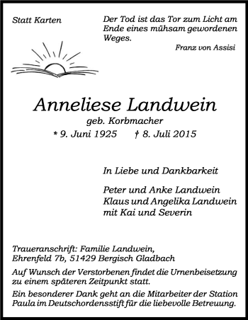 Anzeige von Anneliese Landwein von Kölner Stadt-Anzeiger / Kölnische Rundschau / Express