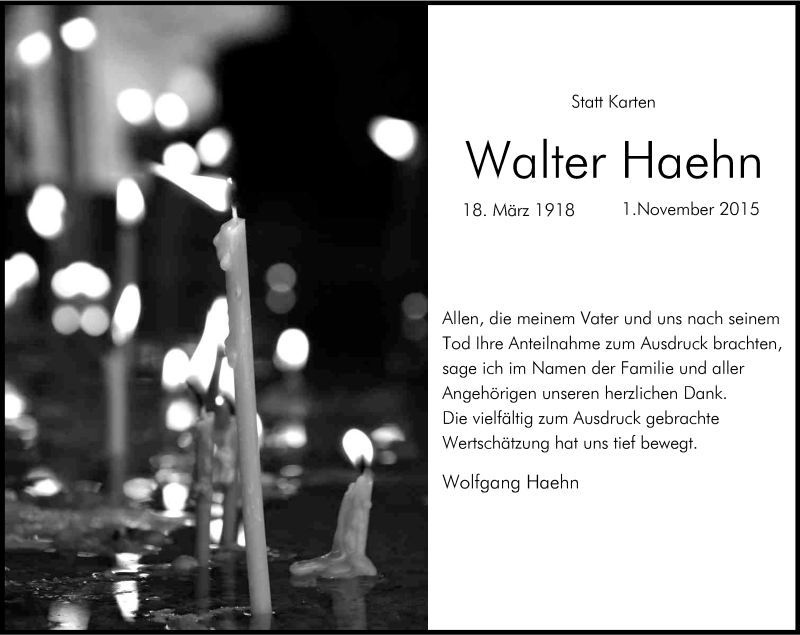  Traueranzeige für Walter Haehn vom 12.12.2015 aus Kölner Stadt-Anzeiger / Kölnische Rundschau / Express