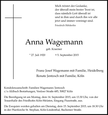 Anzeige von Anna Wagemann von Kölner Stadt-Anzeiger / Kölnische Rundschau / Express