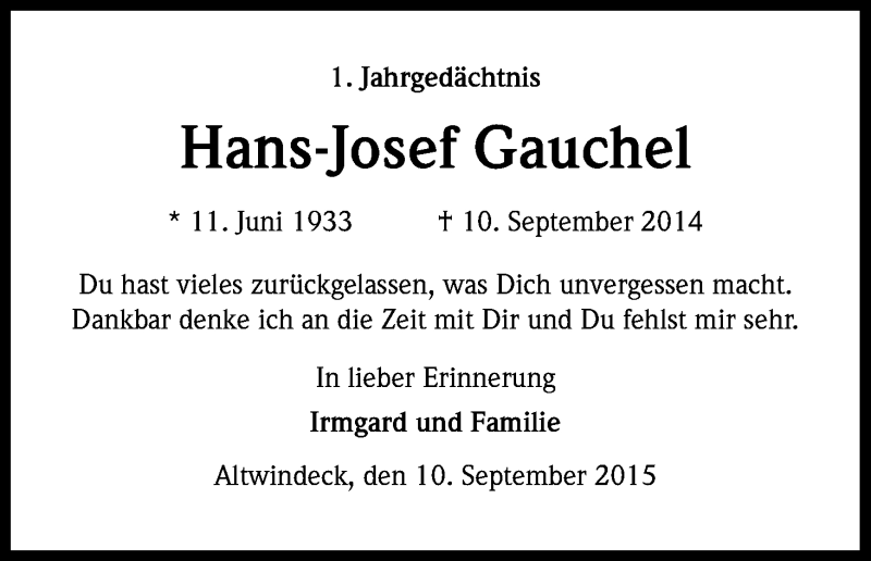  Traueranzeige für Hans-Josef Gauchel vom 10.09.2015 aus Kölner Stadt-Anzeiger / Kölnische Rundschau / Express