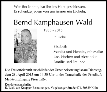Anzeige von Bernd Kamphausen-Wald von Kölner Stadt-Anzeiger / Kölnische Rundschau / Express