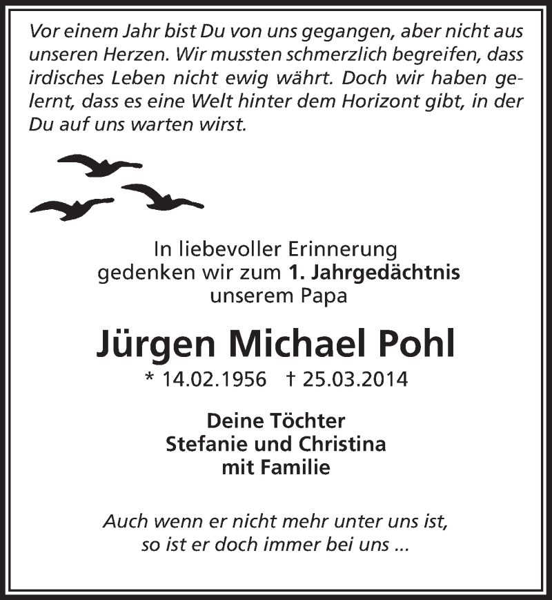  Traueranzeige für Jürgen Michael Pohl vom 25.03.2015 aus  Lokale Informationen 