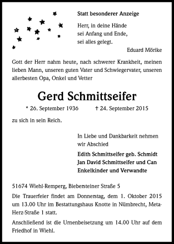Anzeige von Gerd Schmittseifer von Kölner Stadt-Anzeiger / Kölnische Rundschau / Express
