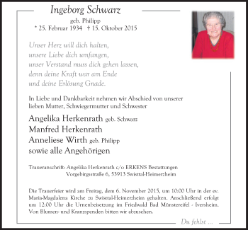Anzeige von Ingeborg Schwarz von  Schaufenster/Blickpunkt 