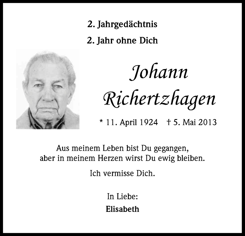  Traueranzeige für Johann Richertzhagen vom 05.05.2015 aus Kölner Stadt-Anzeiger / Kölnische Rundschau / Express
