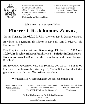 Anzeige von Johannes Zensus von Kölner Stadt-Anzeiger / Kölnische Rundschau / Express