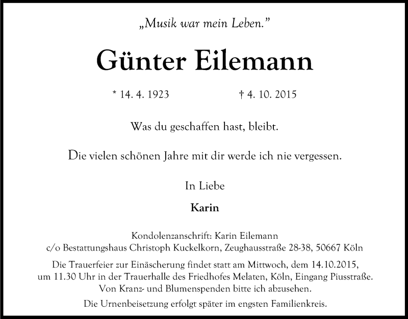  Traueranzeige für Günter Eilemann vom 10.10.2015 aus Kölner Stadt-Anzeiger / Kölnische Rundschau / Express