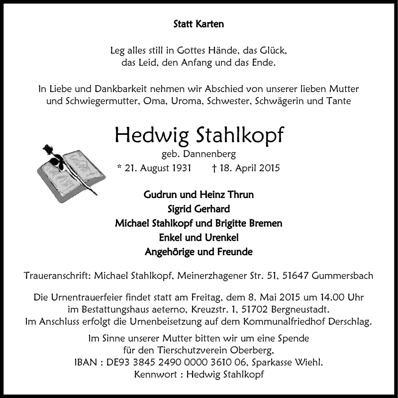  Traueranzeige für Hedwig Stahlkopf vom 29.04.2015 aus  Anzeigen Echo 
