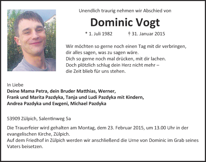  Traueranzeige für Dominic Vogt vom 08.02.2015 aus  Blickpunkt Euskirchen 
