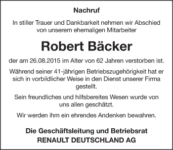 Anzeige von Robert Bäcker von  Schlossbote/Werbekurier 