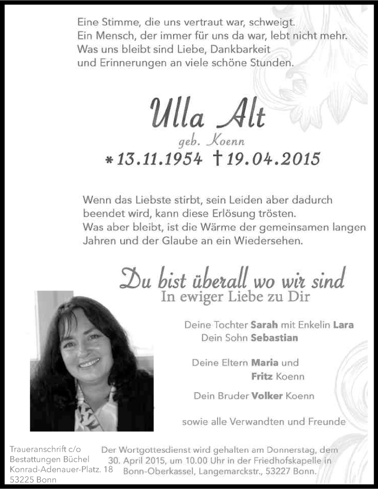  Traueranzeige für Ulla Alt vom 25.04.2015 aus Kölner Stadt-Anzeiger / Kölnische Rundschau / Express