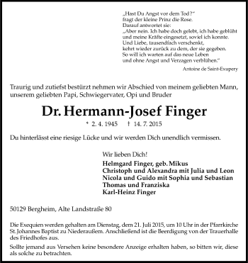 Anzeige von Hermann-Josef Finger von Kölner Stadt-Anzeiger / Kölnische Rundschau / Express