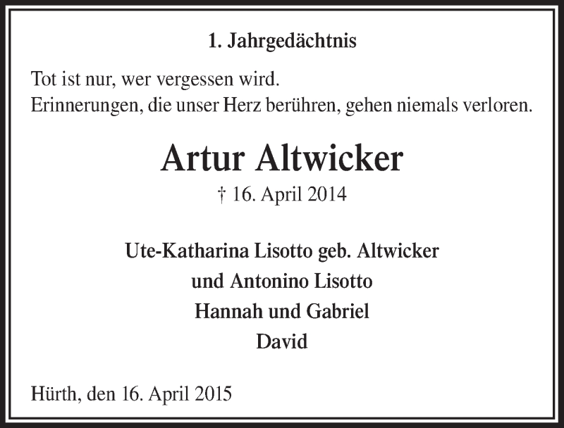  Traueranzeige für Artur Altwicker vom 22.04.2015 aus  Anzeigen Echo 