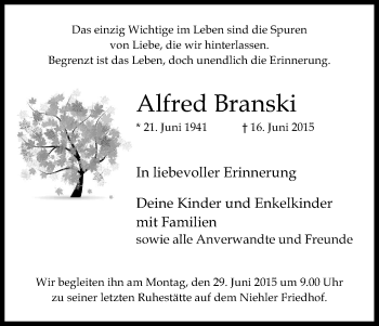 Anzeige von Alfred Branski von Kölner Stadt-Anzeiger / Kölnische Rundschau / Express