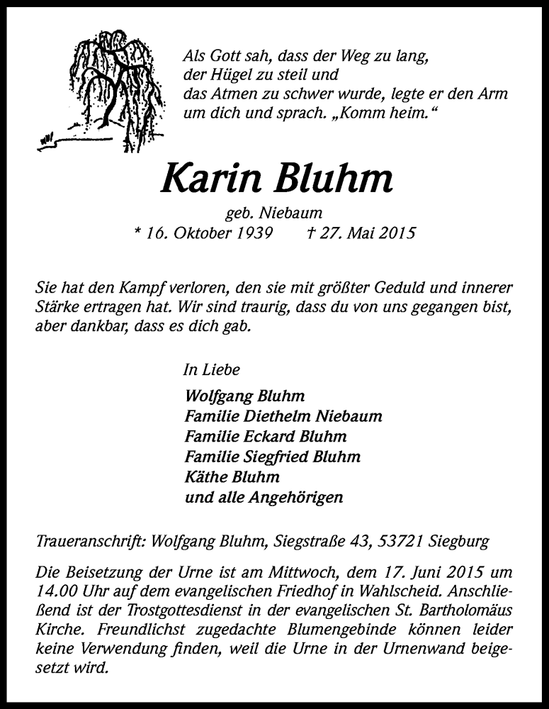  Traueranzeige für Karin Bluhm vom 06.06.2015 aus Kölner Stadt-Anzeiger / Kölnische Rundschau / Express