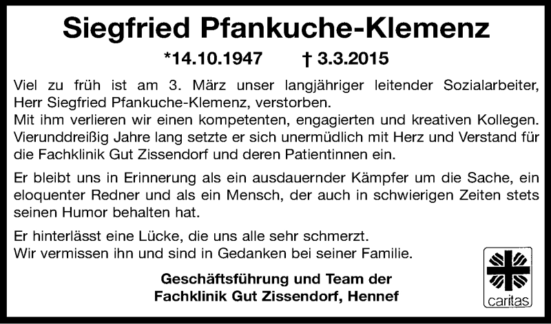  Traueranzeige für Siegfried Pfankuche-Klemenz vom 21.03.2015 aus Kölner Stadt-Anzeiger / Kölnische Rundschau / Express