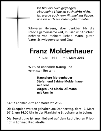 Anzeige von Franz Moldenhauer von Kölner Stadt-Anzeiger / Kölnische Rundschau / Express