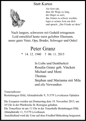 Anzeige von Peter Granz von Köln - Wir Trauern