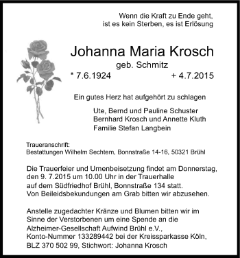 Anzeige von Johanna Maria Krosch von Kölner Stadt-Anzeiger / Kölnische Rundschau / Express