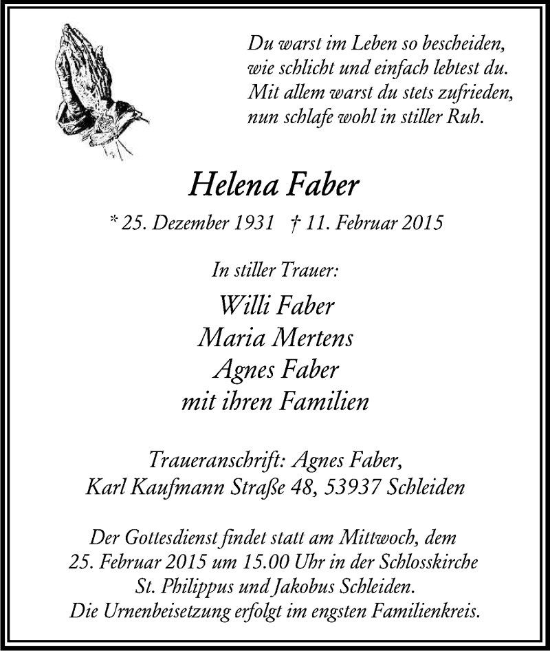  Traueranzeige für Helena Faber vom 21.02.2015 aus Kölner Stadt-Anzeiger / Kölnische Rundschau / Express