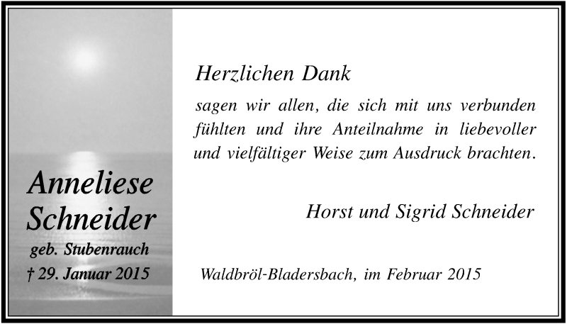  Traueranzeige für Anneliese Schneider vom 25.02.2015 aus  Lokalanzeiger 
