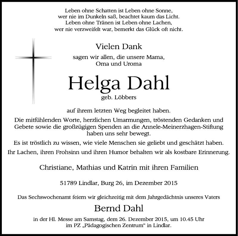  Traueranzeige für Helga Dahl vom 12.12.2015 aus Kölner Stadt-Anzeiger / Kölnische Rundschau / Express