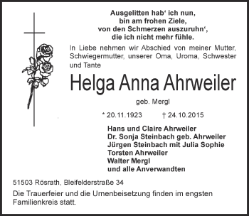 Anzeige von Helga Anna Ahrweiler von  Kölner Wochenspiegel 