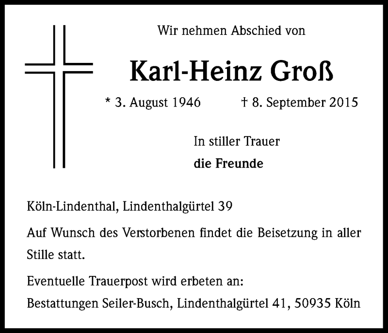  Traueranzeige für Karl-Heinz Groß vom 12.09.2015 aus Kölner Stadt-Anzeiger / Kölnische Rundschau / Express