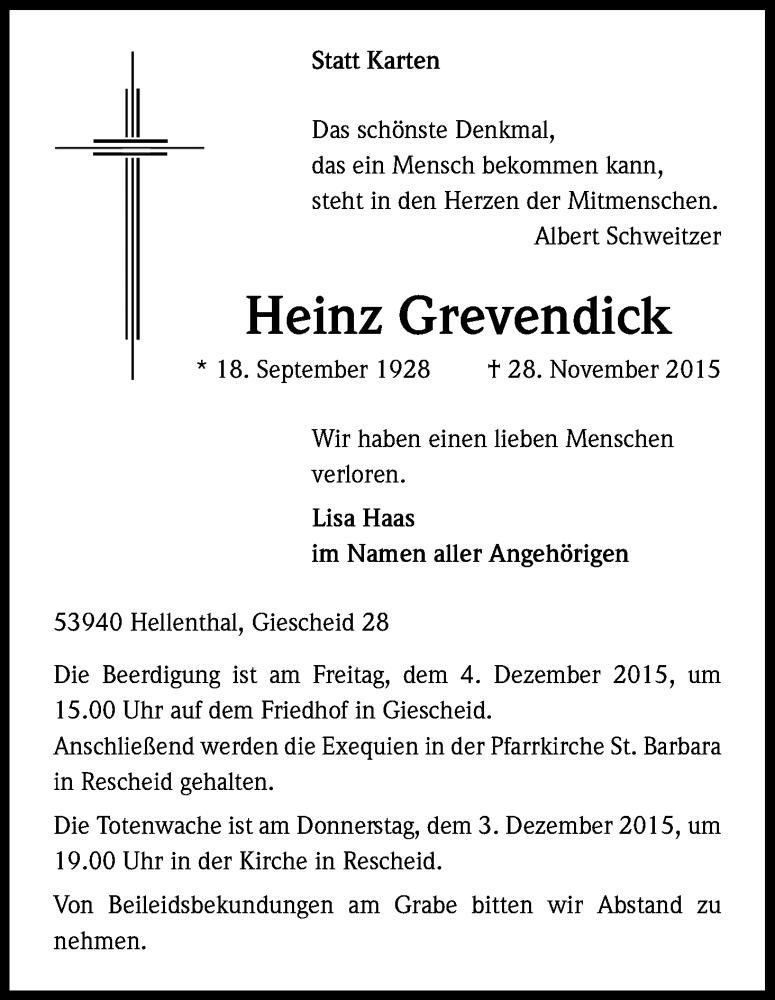  Traueranzeige für Heinz Grevendick vom 02.12.2015 aus Kölner Stadt-Anzeiger / Kölnische Rundschau / Express