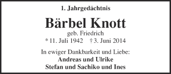 Anzeige von Bärbel Knott von  Kölner Wochenspiegel 