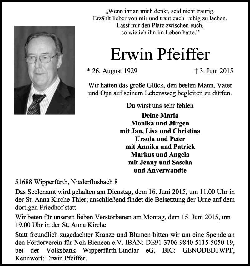  Traueranzeige für Erwin Pfeiffer vom 09.06.2015 aus Kölner Stadt-Anzeiger / Kölnische Rundschau / Express