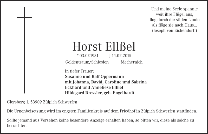  Traueranzeige für Horst Ellfe vom 22.02.2015 aus  Blickpunkt Euskirchen 