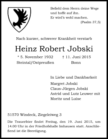Anzeige von Heinz Robert Jobski von Kölner Stadt-Anzeiger / Kölnische Rundschau / Express