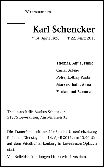 Anzeige von Karl Schencker von Kölner Stadt-Anzeiger / Kölnische Rundschau / Express