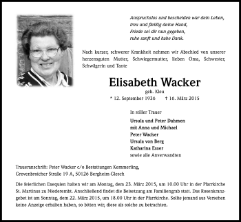 Anzeige von Elisabeth Wacker von Kölner Stadt-Anzeiger / Kölnische Rundschau / Express