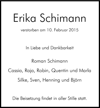 Anzeige von Erika Schimann von Kölner Stadt-Anzeiger / Kölnische Rundschau / Express