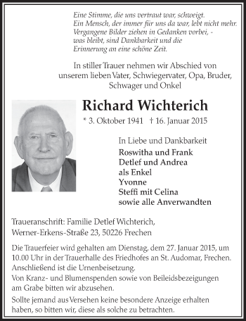 Anzeige von Richard Wichterich von  Sonntags-Post 